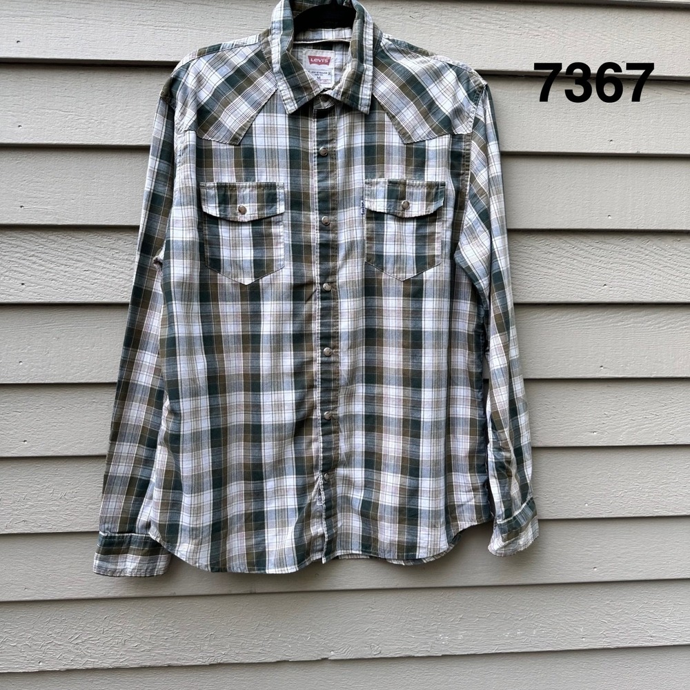 Levis Mens Size Medium Western Plaid Snap Front Shirt Olive Green Long Sleeve M